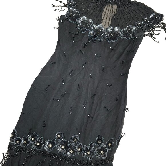Vintage Silk Beaded Evening Gown By Gene Roye Size 6 Black With Floral Embellish - Picture 13 of 13